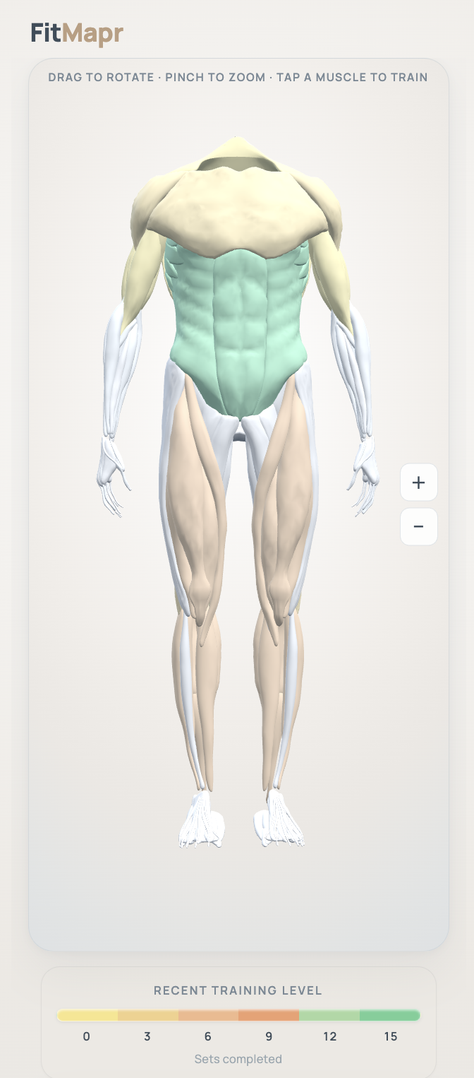 FitMapr body map with the current 0 to 15 Recent Training Level scale