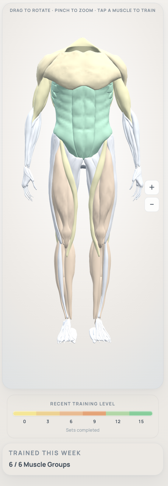FitMapr body map showing recent training and the 0 to 15 scale